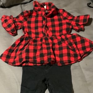 Red plaid dress top with black skinny jeans